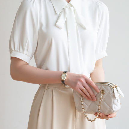 Commuter White Shirt Women's Bow Ribbon Chiffon Summer New Puff Sleeve Professional Interview Dress Short Sleeve Shirt
