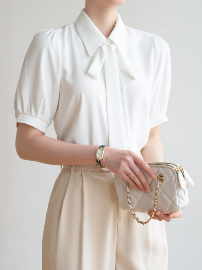 Commuter White Shirt Women's Bow Ribbon Chiffon Summer New Puff Sleeve Professional Interview Dress Short Sleeve Shirt