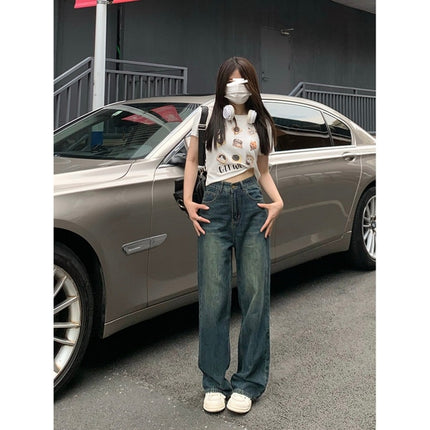 Petite Retro Blue High-Waisted Wide-Leg Jeans for Women 2024 Drapey Loose Slimming Straight-Leg Floor-Length Pants