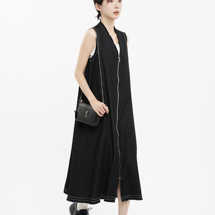 Summer Japanese Style Retro Design Sense Casual V-neck Zipper Edge Hem Collar Sleeveless Vest Denim dress