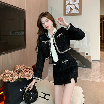 Real Shot Small Chanel Style Dress Autumn Small Hot Girl Two-piece Sling Skirt Short Coat Top