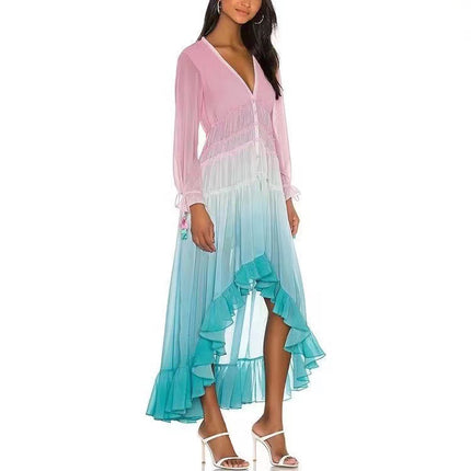 WT1119# Summer European and American Foreign Trade Women's Wear ebay Amazon Deep V Long Sleeve Gradient Printing Dress