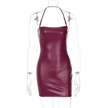 Trendy and Fashionable Women's Clothing, Solid Color Short Nightclub Sexy European and American Style Halter Neck Bodycon Pu Dress
