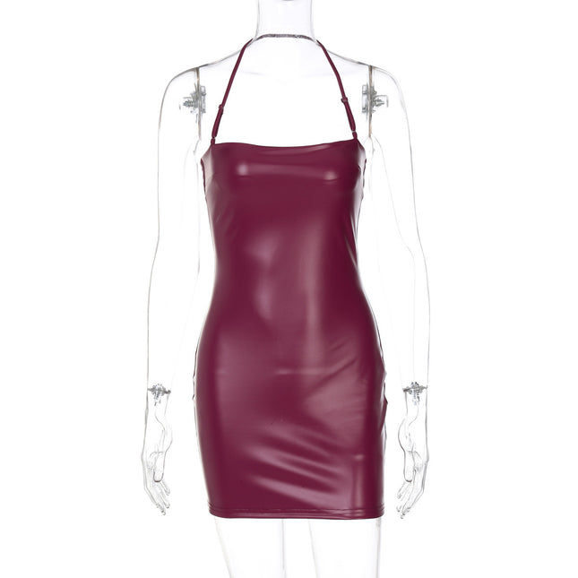 Trendy and Fashionable Women's Clothing, Solid Color Short Nightclub Sexy European and American Style Halter Neck Bodycon Pu Dress