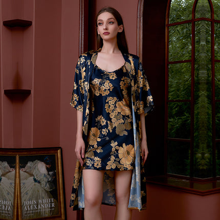 Cross-border printed nightgown suit women summer sexy ice silk middle sleeve plus size bathrobe silk bridal morning gown manufacturers wholesale