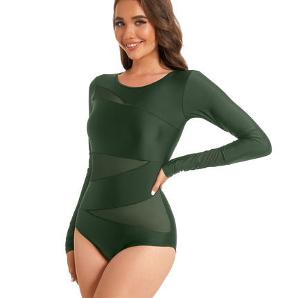 Women's Long Sleeve One Piece Swimsuit in Deep Green V Cross-Border