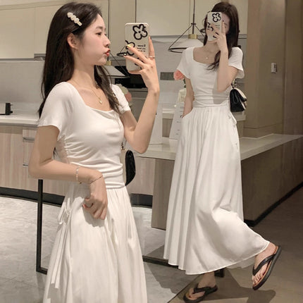 2025 New French Square Neck White Moonlight Dress for Women, Summer Atmosphere, Waist Slimming, Comfortable and Elegant Long Dress
