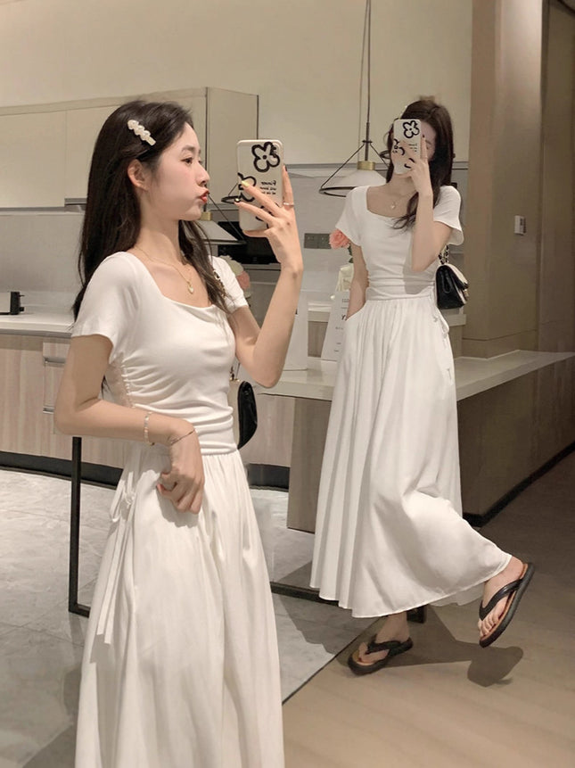 2025 New French Square Neck White Moonlight Dress for Women, Summer Atmosphere, Waist Slimming, Comfortable and Elegant Long Dress