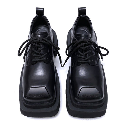 High-End Square-Toe Leather Shoes for Men, Niche Design Suit Shoes, Large-Toe Thick-Soled Heightening Versatile Derby Shoes for Men and Women