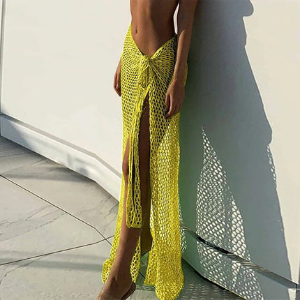 Cross-Border European and American Sexy Hollow Long Beach Skirt Solid Color Knitted Skirt Vacation Sun Protection Mesh Slit Long Skirt