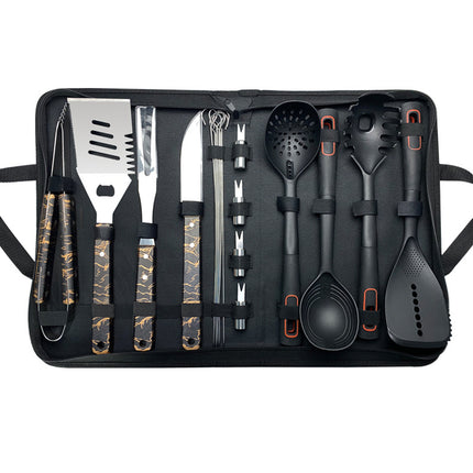 Outdoor camping stainless steel barbecue tools knife and fork suit nylon kitchenware spoon shovel cloth gift box wholesale