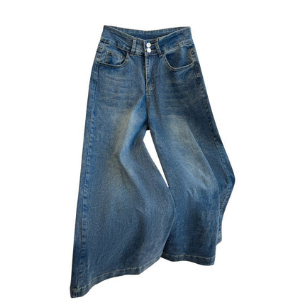 Retro Blue Large Pants Wide Leg Jeans Women's Autumn and Winter 2024 New Fashion All-match High Waist Loose Mop Pants