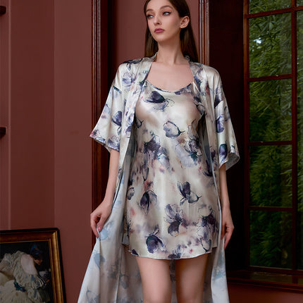 Cross-border printed nightgown suit women summer sexy ice silk middle sleeve plus size bathrobe silk bridal morning gown manufacturers wholesale