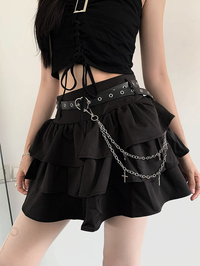 Summer hot girl waist cool tugging sister black sweet all-match puffy cake skirt a high waist short skirt