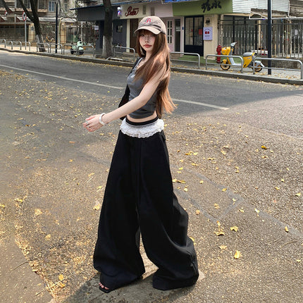 Black Design Lace Splicing Casual Pants for Women 2025 Summer New High-Waisted Loose Wide-Leg Suit Pants