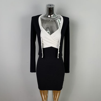 Han Li Dongdaemun Slim-fit Sexy Figure Contrast Color Bag Hip Sling Skirt Long Sleeve Cardigan Two-piece Suit for Women
