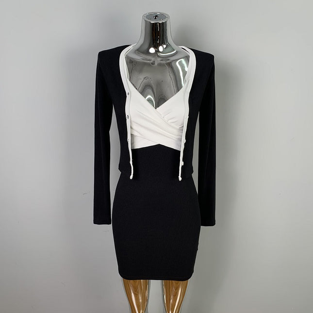 Han Li Dongdaemun Slim-fit Sexy Figure Contrast Color Bag Hip Sling Skirt Long Sleeve Cardigan Two-piece Suit for Women