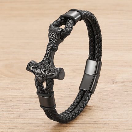 European and American Cross-border Hot Sale Thor's Hammer Woven Viking Jewelry Cowhide Rope Bracelet Stainless Steel Magnetic Buckle Bracelet