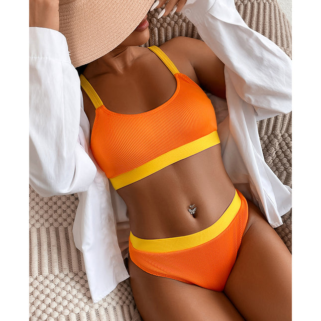 2023 New Cross-border European and American Bikini Swimsuit Pit Contrast Color Fashion Bikini Sexy Split Swimsuit Women's Summer