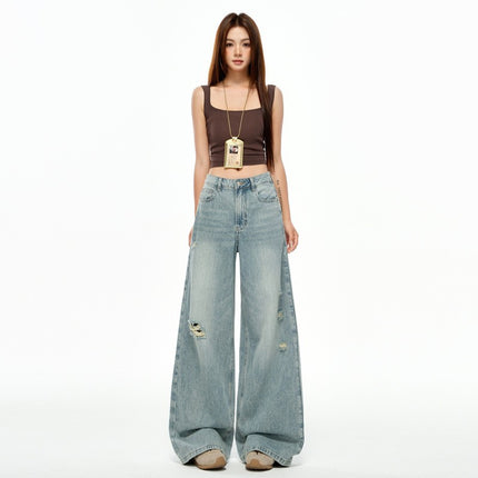 Retro Washed Distressed Jeans for Women, Loose High-Waisted Slim Straight Wide-Leg Pants, Floor-Length Pants