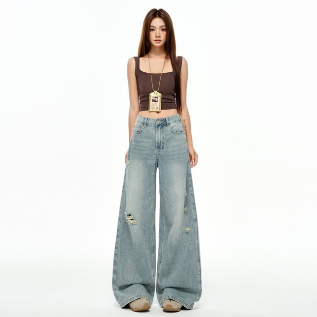 Retro Washed Distressed Jeans for Women, Loose High-Waisted Slim Straight Wide-Leg Pants, Floor-Length Pants