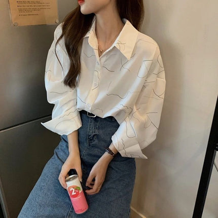 Personalized Printing ~ Retro Elegant Niche Hong Kong Style Long-Sleeved Shirt for Women Spring & Fall New Loose Casual Lapel Shirt