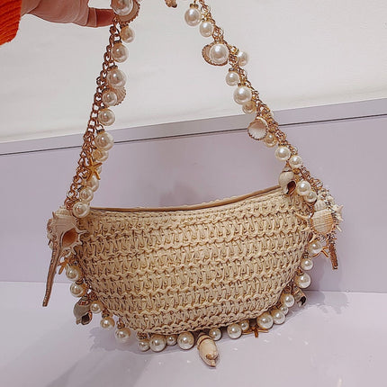 Spring and Summer 2025 New Fairy Pearl Conch Straw Bag Portable Crossbody Bag Small Mobile Phone Bag Hot Girl Y2K Trendy