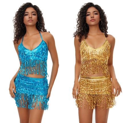 Halloween European and American sequins watch performance top belly dance tassel top DS nightclub stage sling party bra