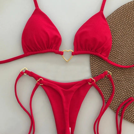 2025 New European and American Metal Decorative Halterneck Push-Up Bikini Brazilian Sexy Pure Color Split Swimsuit Bikini