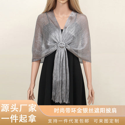 Cross-border new ladies solid color tassel long towel fashion simple gold and silver silk sunshade shawl commuter all-match scarf