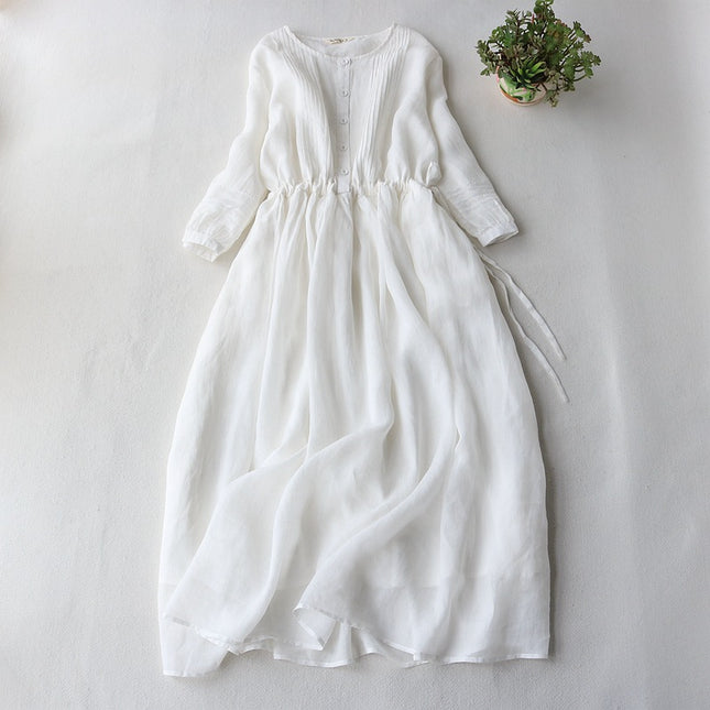 Vintage Cotton Linen Lace-up Waist Slimming Half-sleeve Dress Women's Round Neck Elegant Organ Pleated Elegant Fairy Skirt