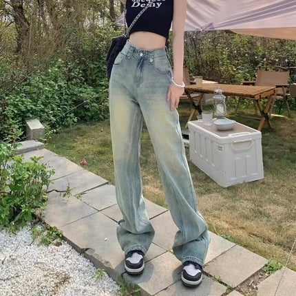 American retro nostalgic light blue high waist wide leg floor jeans 2024 autumn slim high street ins trousers