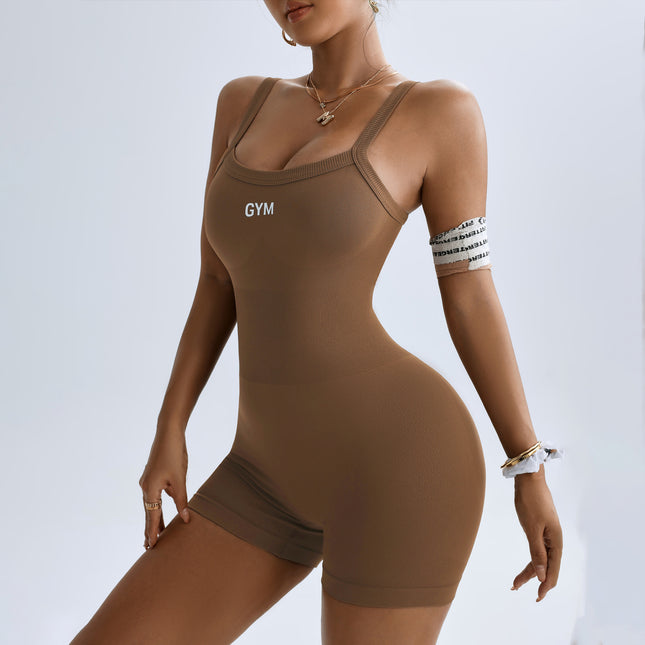 Muyao Cross-Border Solid Color Tight-Fitting Waist-Cinching Figure-Flattering Backless Design Running Fitness Jumpsuit Shorts with Backless Design