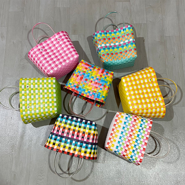 Woven Straw Basket Bag Ins Pastoral Style 9 Colors PU Lining Medium / Sac Panier Paille Tressé Style Ins Pastoral 9 Couleurs Doublure PU Moyen