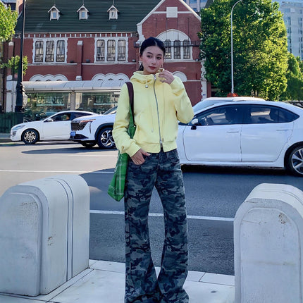 American-Style Low-Waist Retro Camouflage Sweet and Spicy Cargo Pants for Women with Back Pocket Design, Loose Straight-Leg Casual Pants Trendy
