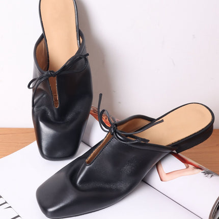 Handmade Shoes ~ Leather Muller Shoes Half Slippers Women's Outer Wear Low Heeled Square Bow One Pedal Lazy Shoes