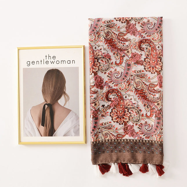 Foreign Trade Hot Selling Vintage Scarf Cashew Nut Printed Tassel Decorative Travel Sunscreen Beach Towel Women's Cotton Linen Hand Scarf