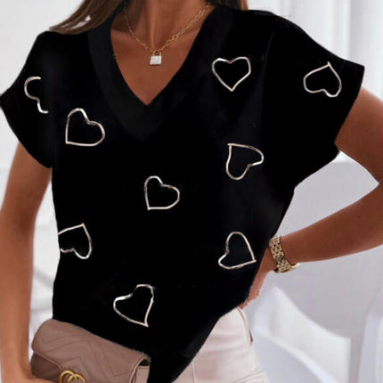 2023 New Hot Independent Station Loose V-neck Love Printed Short Sleeve T-Shirt for Women