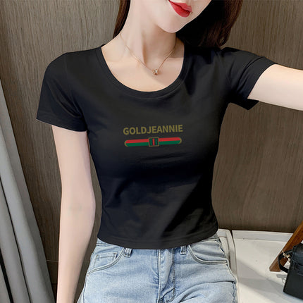 White T-Shirt Women's Short-Sleeved Round Neck Exposed Navel High-Waisted Short Summer Tight-Fitting Crop Top 2025 New T-Shirt