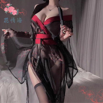 Floral Lingerie Uniform Pure Desire No Need to Take Off Printed Black Japanese Kimono Clothing Set Women A520 Erotic Kimono
