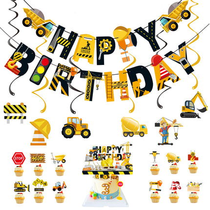 New Cartoon Engineering Vehicle Theme Birthday Party Decoration Flag Cake Insert Excavator Banner Egg Sign Set