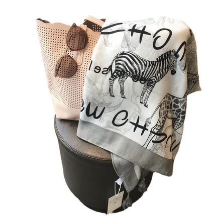 2024 Spring and Summer New Grey Animal World All-match Cotton and Linen Shawl Silk Scarf Beach Towel Holiday Sunscreen Scarf