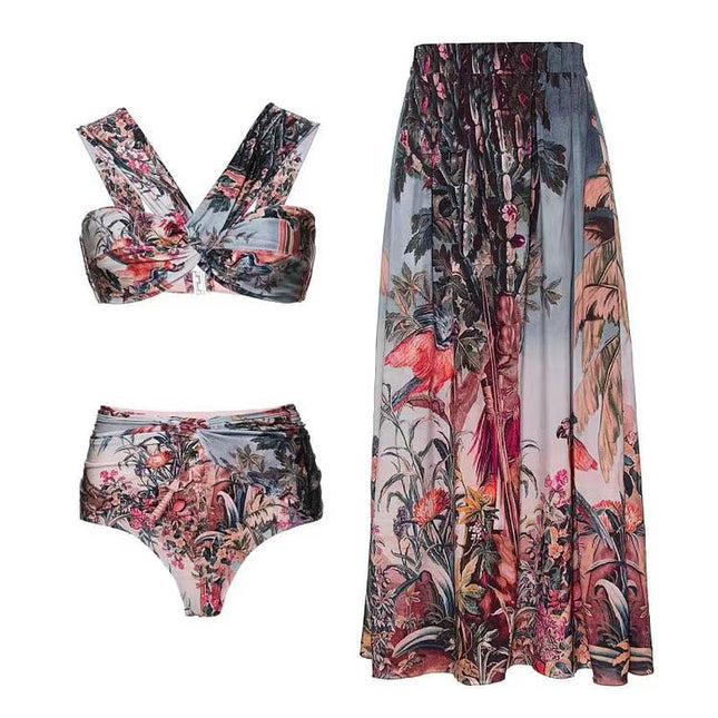 2024 European and American Holiday Beach Dress Swimsuit Women's Retro Printed Cross-border Amazon wish Hot Spring Swimsuit Three-piece Set