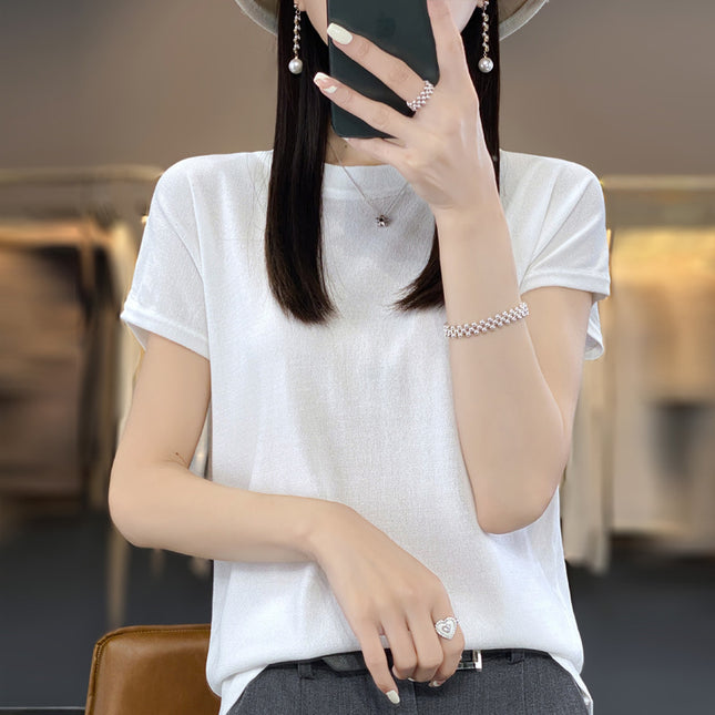 ShorT-sleeved T-shirT for Women 24 Summer New Round Neck Ice Silk Thin BreaThable ImiTaTion Sun Slimming Look BoTToming KniTwear T-shirT Half-sleeved
