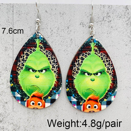 Cross-border new European and American Christmas Grinch wooden earrings green fur strange Christmas gift drop wooden earrings earrings