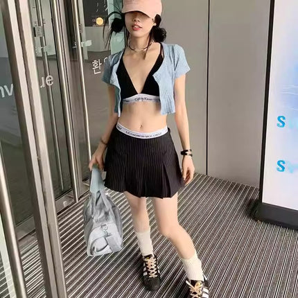 2025 New Vertical Stripesd Black Pleated Skirt for Women Summer High Waist Slimming Look A-Line Skirt Short Skirt for Small People
