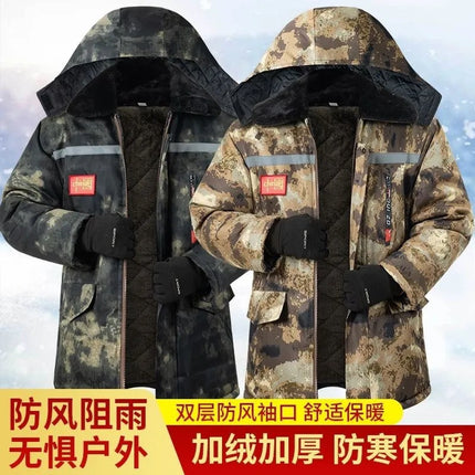 Winter Long-Sleeved Men's Reflective Multi-Functional Camouflage Cotton Jacket with Fleece Lining, Thickened, Mid-Length, Cold-Proof and Waterproof for Cold Storage