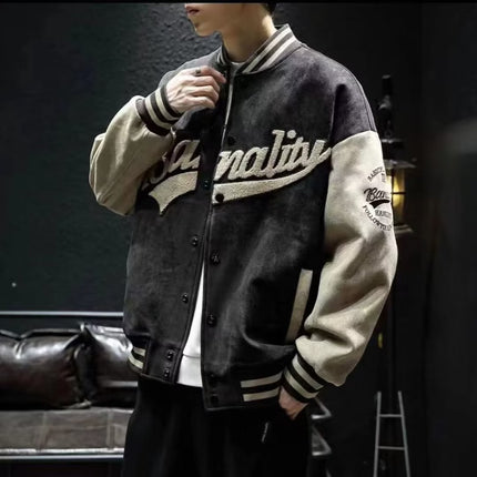 Suede Baseball Suit Men's Spring and Autumn American Vintage Jacket Embroidered Loose Towel Velvet Aviator Top Trendy