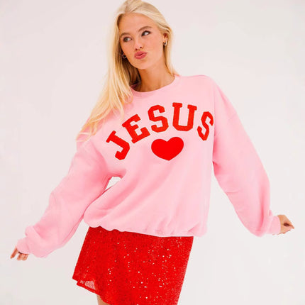 New Love Amazon European and American Towel Bead Embroidered Round Neck Loose Long Sleeve Sweat Cross-border Women's Wear Autumn and Winter