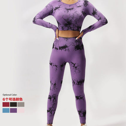 European and American Cross-border Seamless Tie-dyeing Fitness Sports Long Sleeve High Waist Peach Belly Tight Pants Yoga Sports suit
